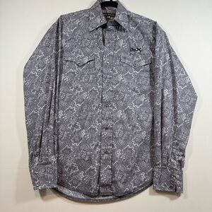Stetson Western Paisley Snap Shirt S Gray White Cotton OnX Logo Contrast Cuffs